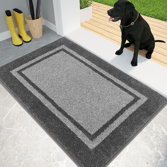 PURRUGS Dirt Trapping Door Mat 24" x 36", Non-Slip/Skid Machine Washable Entryway Rug, Shoes Scraper, Area Rug, Super Absorbent Welcome Mat for Muddy Wet Shoes and Paws, Light Grey & Dark Grey