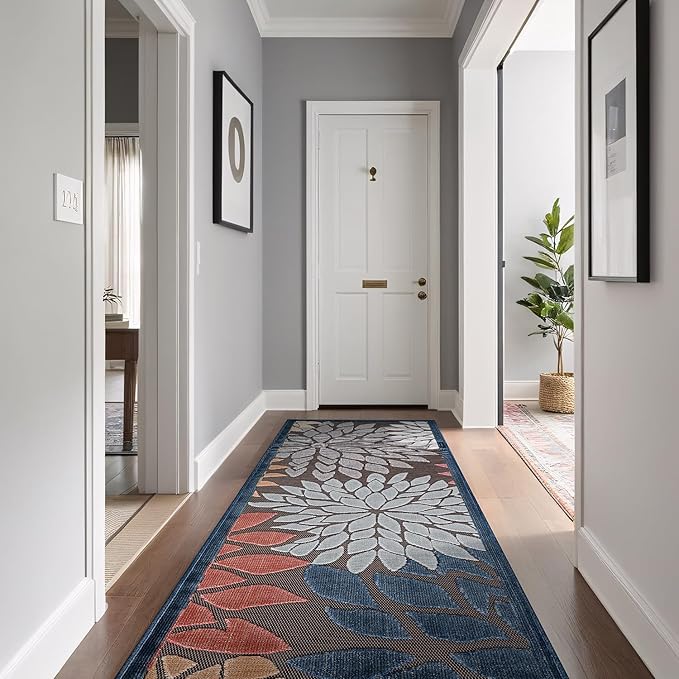 Beverly Rug Outdoor Runner Rug 2x7 Modern Floral Tropical Area Rugs for Indoor and Outdoor Patio Easy to Clean Non Shedding Living Room Porch Garden Washable Outside Carpet (2 x 7 Brown)