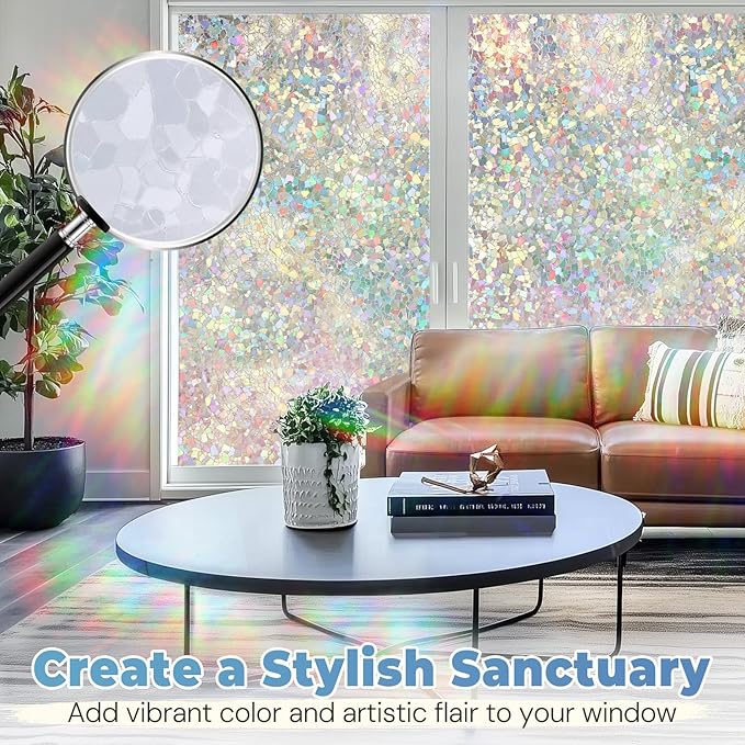 DOWELL Window Privacy Film Rainbow Film, Stained Glass Decorative Sticker, Static Cling Non-Adhesive Glass Clings, Sun Blocking Heat Control Window Coverings for Home Door, 23.6" x 78.7"