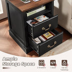 Farmhouse Nightstands with Charging Station，18" End Table with 2 Drawers，Farmhouse Nightstand with Vintage Handles, Bedside Cabinet for Bedroom for Bedroom, Living Room,Black