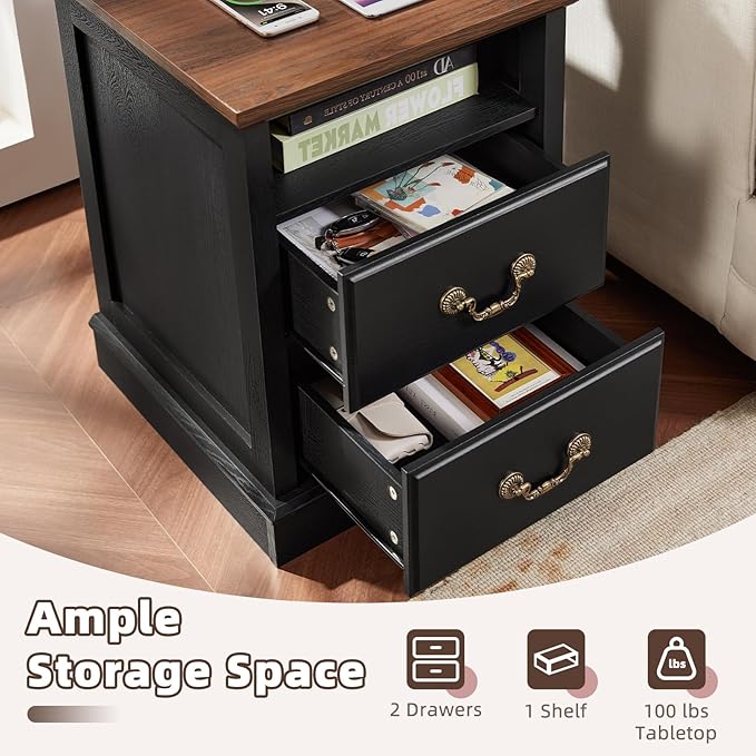 Farmhouse Nightstands with Charging Station，18" End Table with 2 Drawers，Farmhouse Nightstand with Vintage Handles, Bedside Cabinet for Bedroom for Bedroom, Living Room,Black