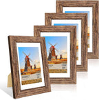 4x6 Picture Frame Set of 4, 4 x 6 Wood Photo Frames with Mat for 3.5x5, Natural Wooden Frame with Real Glass Cover for Wall and Tabletop Display,Rustic Brown