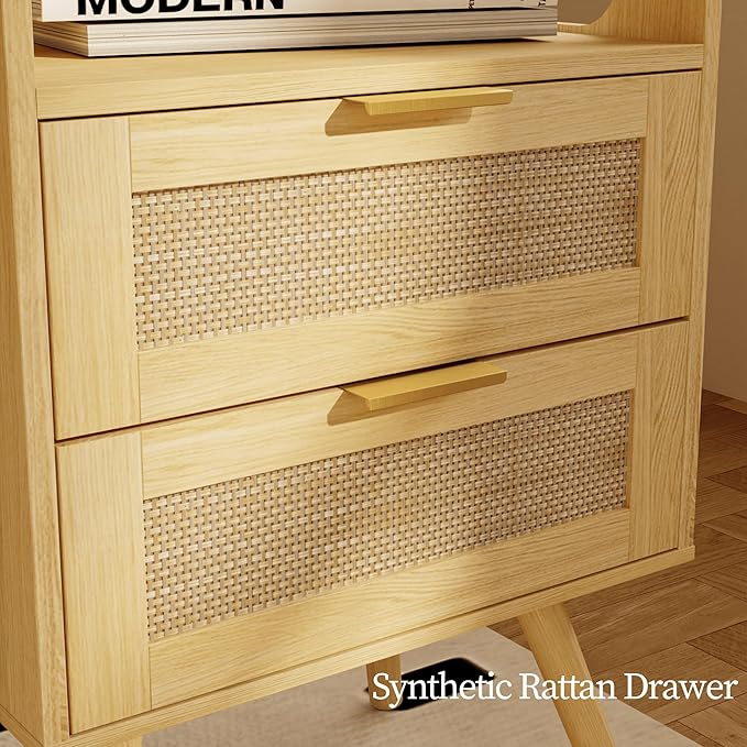 Rattan Nightstand with Charging Station,Farmhouse Bedside Table with 2 Storage Drawer and Open Wood Shelf, for Bedroom and Small Spaces,Night Stand with Solid Wood Legs (Yellow Oak-Outlet)