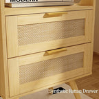 Rattan Nightstand,Farmhouse Bedside Table with 2 Storage Drawer and Open Wood Shelf, for Bedroom and Small Spaces,Night Stand with Solid Wood Legs (Yellow Oak)