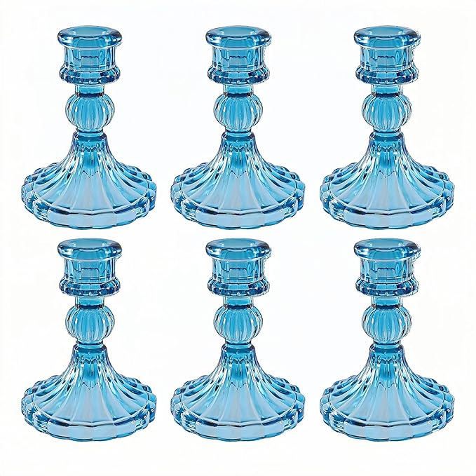 Glass Candlestick Holder,Striped Taper Candle Holders,Set of 6 Candle Stand for Table Centerpieces, Home Decor,Weddings,Festival and Parties (Blue Stripe Pattern)
