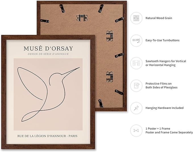 Poster Master Vintage Poster - Retro One Line Hummingbird Drawing Print - Bird Line Art - Minimal Gift for Him, Her, Animal Lover - Abstract Decor for Home, Office, 8x10 Brown Framed