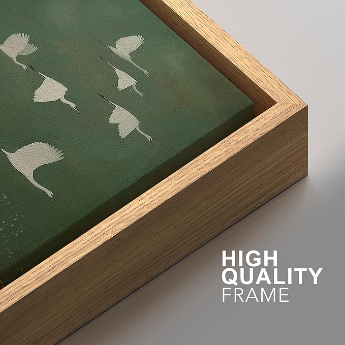 SIGNFORD Framed Canvas Print Wall Art Set Flight of Cranes Elegant Birds in Soft Green Hues Illustration Modern Art Decorative Nordic Nature for Living Room, Bedroom, Office - 24"x36"x2 Natural