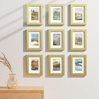 Vittanly 6x8 Picture Frames Set of 9, Shatter Resistant Plexiglass, Display 4x6 Pictures with Mat or 6x8 without Mat, Photo Frames for Wall or Tabletop, Engineered Wood, Gold