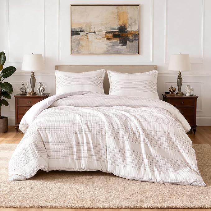 Amazon Basics Waffle Weave Microfiber 3-Piece Duvet Cover Set, Includes 1 Duvet Cover and 2 Pillow Shams, Queen, Pink Striped