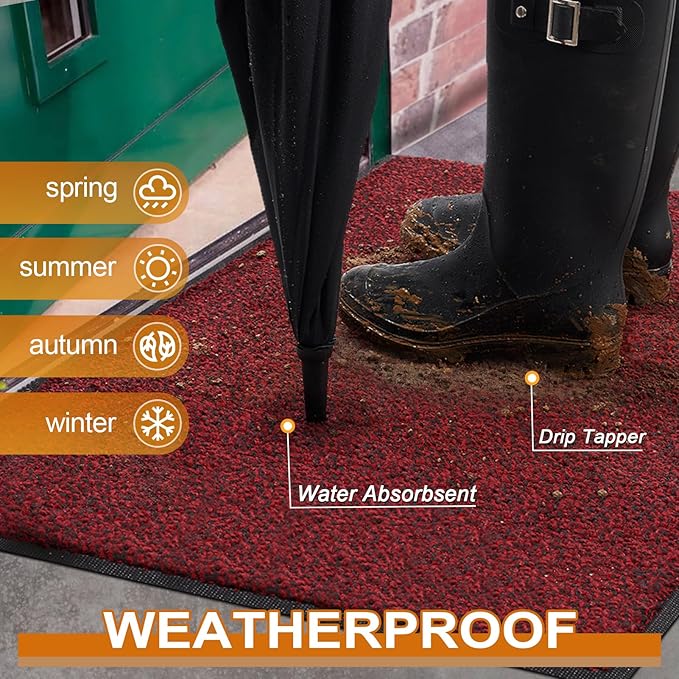 Mibao Front Door Mat, Dirt Trapper Welcome Mat for Outdoor Indoor, Non-Slip Waterproof Doormat, Durable Machine Washable Low Profile Entry Rug for Back Door Outside Patio Porch, 30" x 18", Red