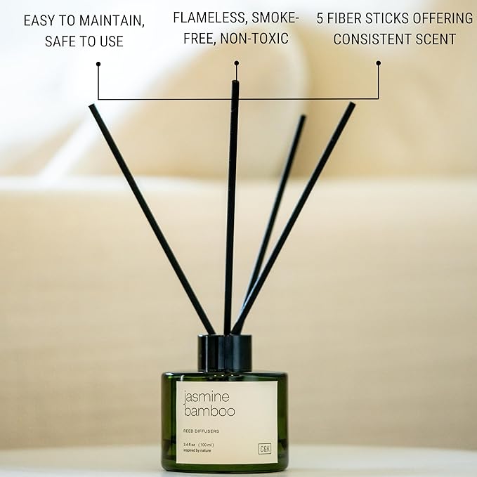 Craft & Kin Bamboo & Jasmine Reed Diffuser | All Natural Essential Oil & Rattan Scent Sticks | Fall Reed Diffusers for Home, Bathroom | Long Lasting Home Fragrance in Green Glass, 3.4oz