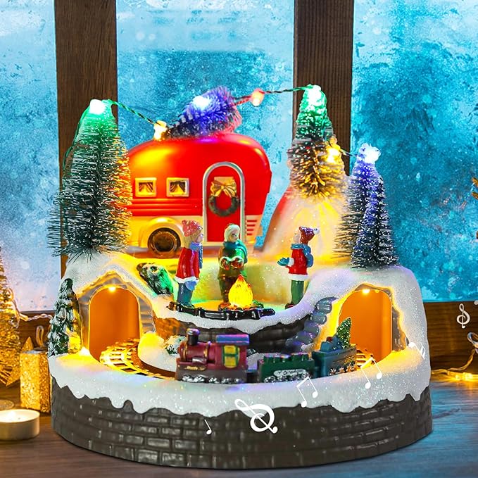 Christmas Village House Musical Christmas Collectible Buildings Camper Bonfire Train Rotation with LED Lights Vacation Village with USB Indoor Figurines Indoor Tabletop Decoration Xmas Decor