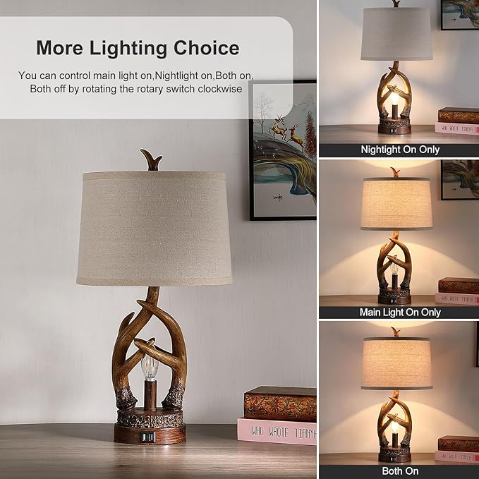 Rustic Table Lamps Farmhouse Antler Lamps Set of 2 Western Bedside Lamps for Bedroom with USB Charging Ports Nightlight,Vintage Resin Nightstand Table Lamps for Living Room (Bulbs Included)
