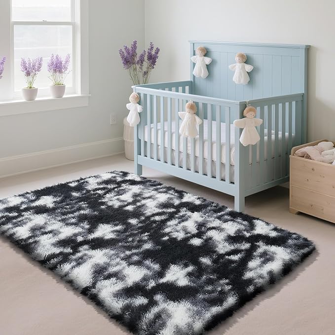 Fluffy Rug Shaggy Area Rug, Mottling Black 4x6 Area Rugs for Bedroom, Small Bedside Rug, Soft Fluffy Shaggy Entryway Throw Rugs for Living Room Bedroom Kids Room Home Decor