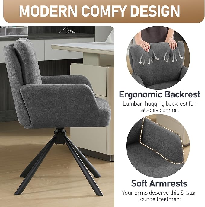 Fabric Dining Chair Set of 2 Modern Upholstered Swivel Dining Room Chairs Comfy Accent Armchair with Mid Back, Desk Arm Chair No Wheels for Kitchen/Living Room/Dining Room, Grey