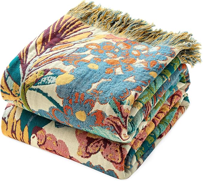 MSGKV Boho Throw Blanket for Couch Bed Chair 100% Cotton Muslin Breathable Vine Embroidery Blanket 50"x60" Sofa Blankets for All Seasons Lightweight Farmhouse Blankets Boho Home Decor