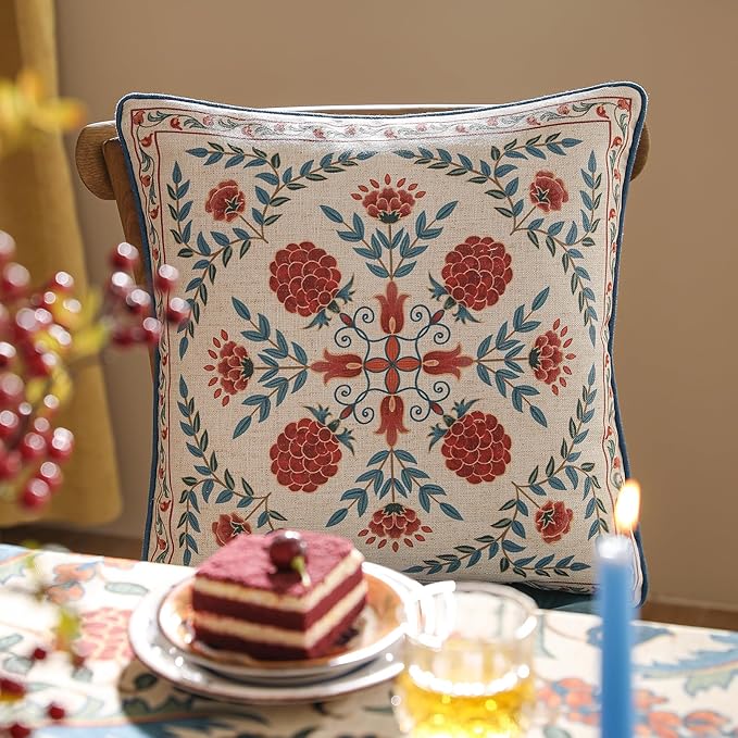 patdrea Designer Throw Pillow Covers Set of 4,Brilliant Vintage Red Tropical Linen with Floral Pattern Pillow Cover,Decorative Lumbar and Square Pillowcases Cushion for Bed Living Room Outdoor