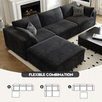 118" Cloud Couch Modular Sectional Sofa for Living Room,Modern Sofa with Deep Seat，L-Shape Boneless Couch with Ottoman,Comfy Upholstered Corduroy Couches for Apartment, Studio, Office,Bedroom，Black