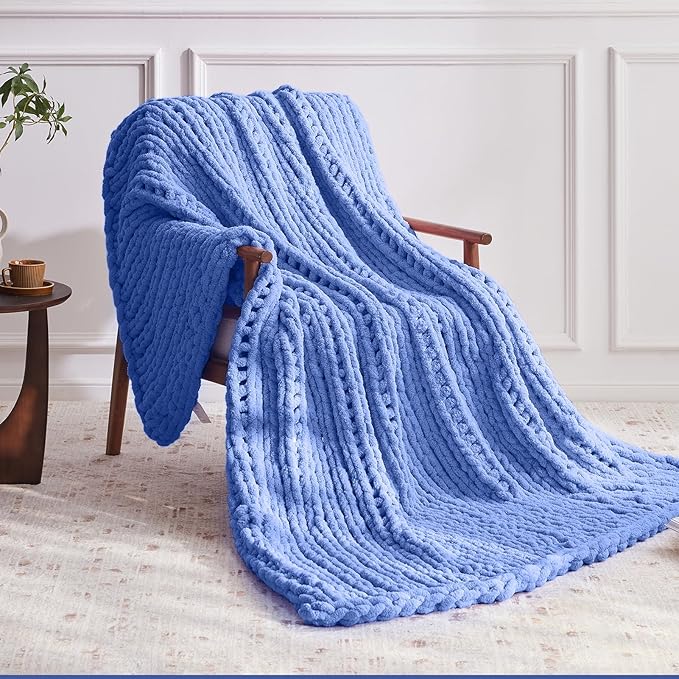 Chunky Knit Throw Blanket, 50''*60'' Knitted Throw Chenille Yarn for Bed Couch, Handmade Light Blue Crochet Big Thick Blanket, Machine Washable Cute Comfy Blanket for Home Decor