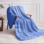 Chunky Knit Throw Blanket, 50''*60'' Knitted Throw Chenille Yarn for Bed Couch, Handmade Light Blue Crochet Big Thick Blanket, Machine Washable Cute Comfy Blanket for Home Decor