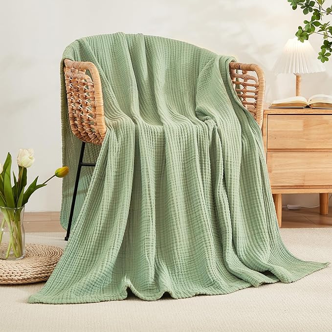 EMME Cotton Blanket Queen Size for Bed Soft Large Muslin Bed Blankets 90"x90" Lightweight Breathable Blanket Bedspread All Season Gauze, Sage Green