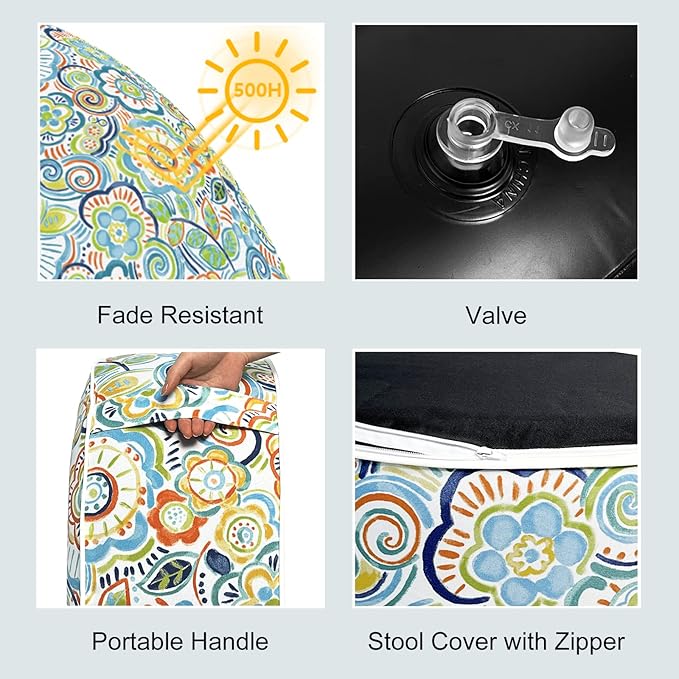 LVTXIII Outdoor/Indoor Inflatable Stool Ottoman, All Weather Patio Footrest Pouf, Portable Round Ottoman for Patio Garden, Camping or Home, D21xH9 Inches, Flower Blue