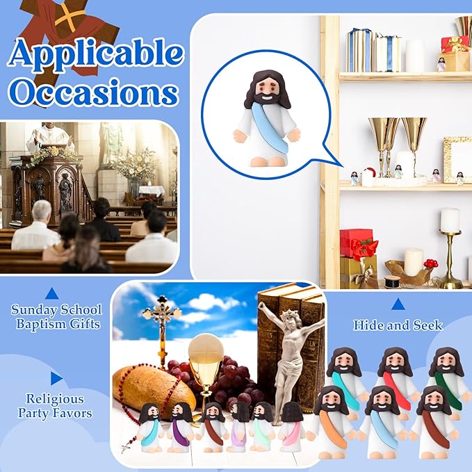 Bememo 100 Pcs Jesus Toys Original Design Mini Rubber Little Jesus Figurine to Hide and Seek Religious Party Favors Sunday School Craft Baptism Gifts for Easter Egg Stuffers (Colorful)