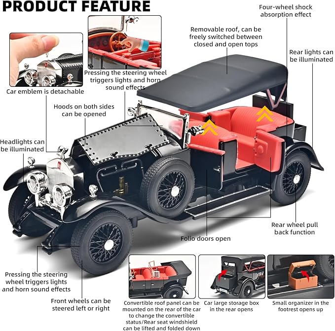 Model Car Kits Adults and Boys 1/24 Diecast Cars Phantom Generation Vintage Car Collectibles,Die Cast Metal Pull Back Cars with Lights and Sounds,Toy Cars for Boys Age 3-12（Black）