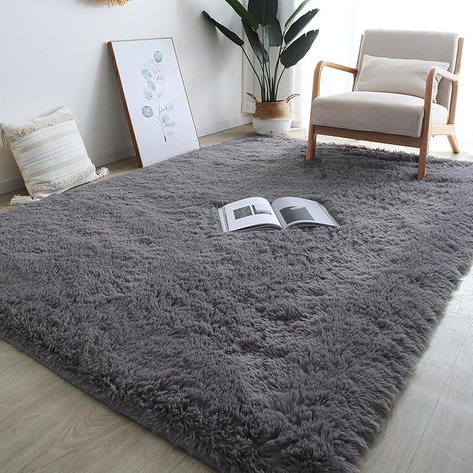 Gray Shag Area Rugs 8x10 - Large Grey Plush Rug for Living Room Bedroom - Modern Soft Fuzzy Gray Indoor Floor Carpet for Boys Kids Playroom(Sliver Dark Grey)