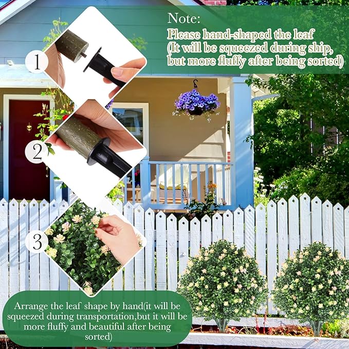 Yunlly Set of 2 Artificial Boxwood Topiary Ball Tree Fake Bushes Shrubs Outdoor Faux Plant with Ground Spike Flowers UV Resistance Greenery for Front Porch Garden Patio Indoor(Light Yellow,27x18inch)