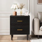 Alohappy Fluted Nightstands Set of 2, Mid Century Bedside Table for Bedroom, End Table with 2 Drawers, Modern Bed Side Table with Storage Vintage Wood Accent Table for Living Room, Black 2pcs