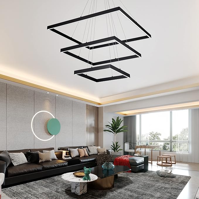 Led Chandelier 3 Rings Square Modern Led Pendant Lighting Dimmable Ceiling Pendant Light for Dining Room Living Room Kitchen Bedroom 15.7"+19.6"+31.4" Black