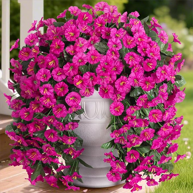 Artificial Fake Hanging Flowers Plants for Outdoor Outside Decoration, 2PCS Faux Silk UV Resistant Look Real Fuchsia Morning Glory Trailing Vines for Home Planter Porch Patio