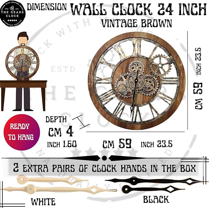 The Gears Clock The Original Real Moving Gear Wall Clock Vintage Industrial Oversized Rustic Farmhouse (24 inch (60cm), Vintage Brown)