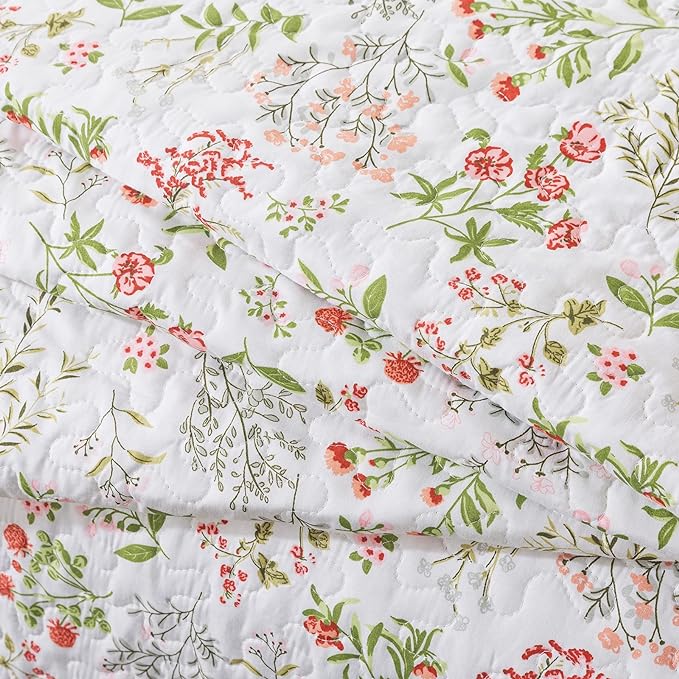 Travan 3-Piece Quilt Set Quilted Bedspread Lightweight Coverlet Set Garden Style Floral Printed Oversized Quilted Bedding Set with Shams for All Season, Flower Sea, Queen Size