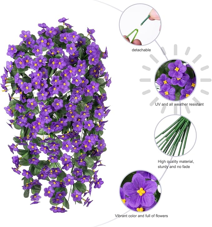 HyeFlora Artificial Faux Hanging Plants Flowers Vines for Outdoor Outside Fall Decoration, 2PCS Fake Silk Daisy Mums UV Resistant Look Real Purple Orchid Vine for Front Door Porch Planter Balcony