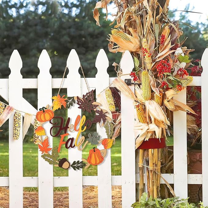 Fall Decoration Hello Fall Wreaths for Front Door, Wooden Welcome Maple Leaf Pumpkin Door Sign Ornament, Wood Farmhouse Wooden Hanging for Autumn Harvest Home Halloween Decoration
