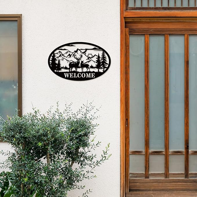 Rustic Metal Deer Cabin Sign, Outdoor Welcome Sign for Front Porch, Great Gift for Hunters, Farmhouse Cabin Decor