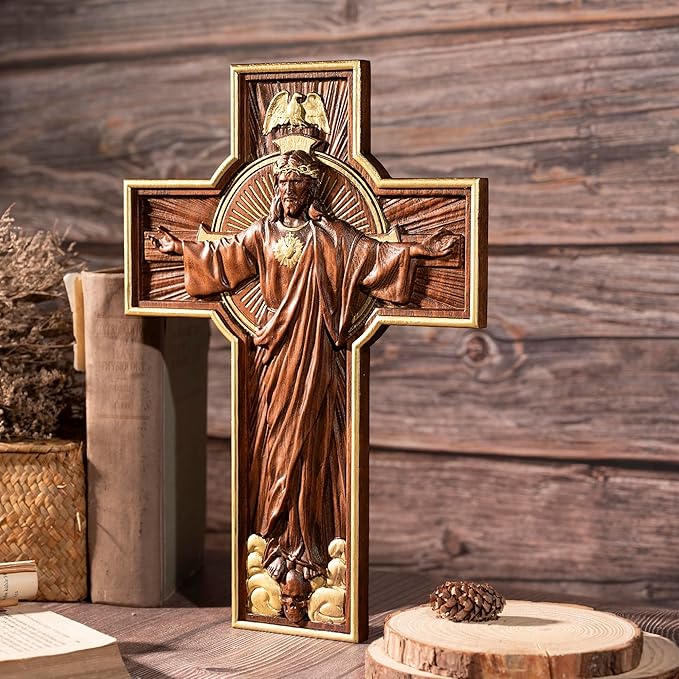 BGCOPPER Wooden Crucifix Wall Cross Catholic Handmade Orthodox Jesus Cross for Wall Decor Easter Christmas Gift