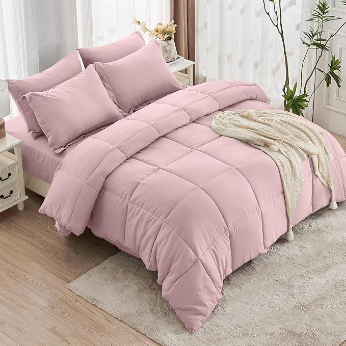 JOLLYVOGUE Queen Comforter Set, Ultra-Soft Bed in a Bag Queen Size 7 Pieces, Oeko-TEX Certified Bedding Set with Down Alternative Comforter, Sheets, Pillowcases & Shams, Camio Pink