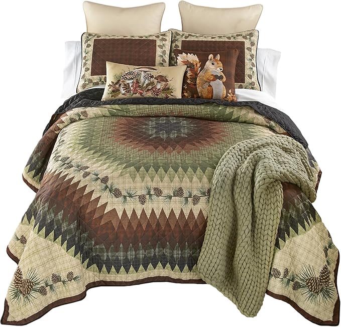 Donna Sharp Pine Circle Polyester Quilted Bedding Set - 3-Piece King Size Quilt Set - Includes 1 Quilt and 2 King Pillow Shams - Machine Washable - Traditional Design
