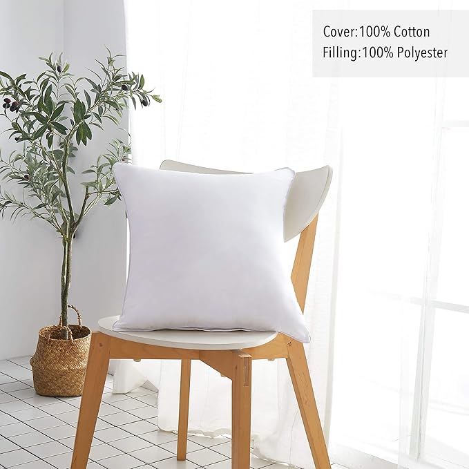 Oubonun 18"x18" Pillow Inserts (Set of 4) - 100% Cotton Cover, Square Throw Pillow Inserts for Couch, Sofa, Bed - Decorative 18 Inch White Pillow Inserts