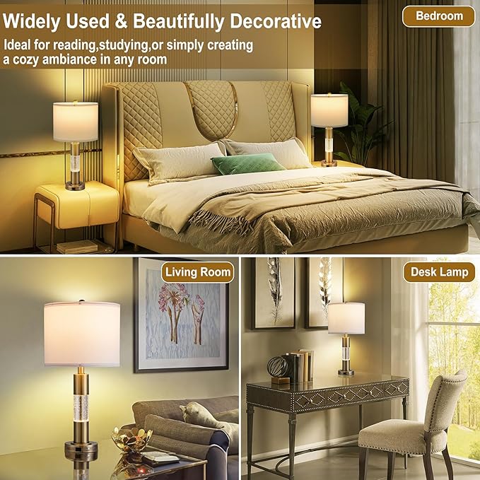 Serteaw Touch Control Table Lamp Set of 2 - Gold Crystal Nightstand Lamps with USB Ports, Stepless Dimming Mode, Stylish Side Lamp for Bedroom and Living Room, Energy-Efficient LED Bulb Included