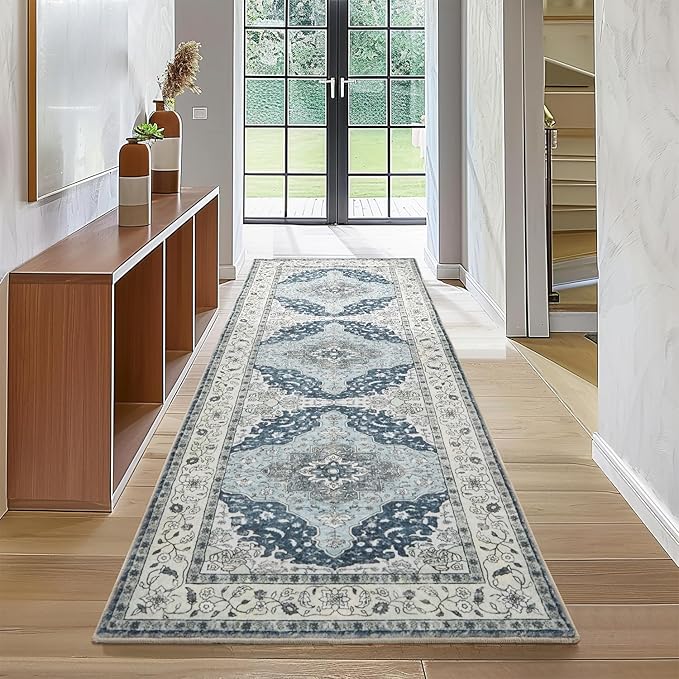 Topllen Runner Rug - 2'6" x8'Boho Washable Kitchen Rug, Non-Slip Soft Low Pile Rugs Indoor for Hallway Hall Living Room Bedroom Sunroom, Vintage Throw Stair Carpet Stain Resistance (Blue, 2.5x8ft)
