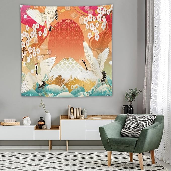 HZOHNAGO Japanese Tapestry Cherry Blossom Crane Sea Wave Fuji Mountain Red Sun Pattern Printed Wall Tapestry Painting Wall Hanging for Bedroom Living Room Dorm 60" W x 60" H