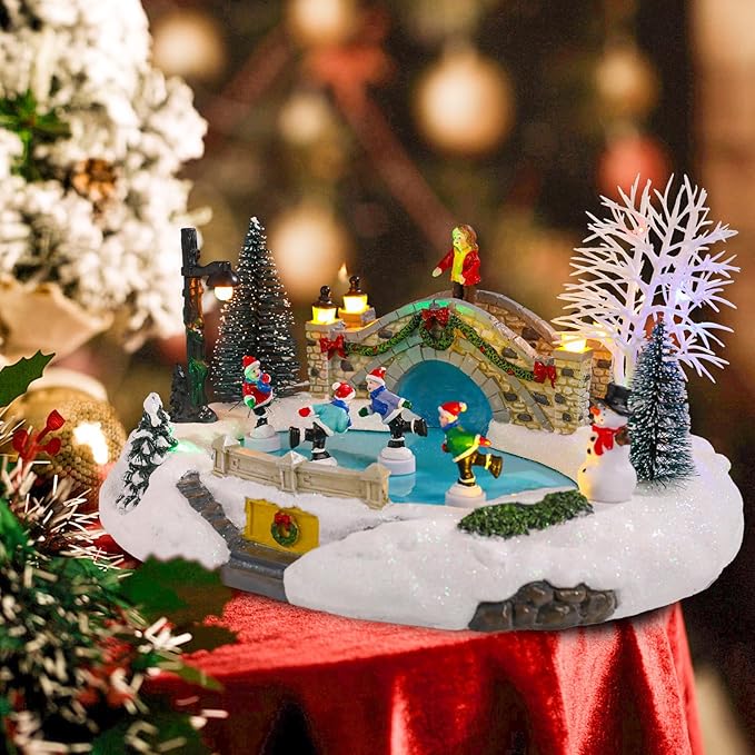 Vigdur Christmas Snow Village - Animated Christmas Village Skating Pond with Colorful Lights & 8 Xmas Music, Rotating Skier, USB&Battery Powered Christma Collectible Buildings for Home