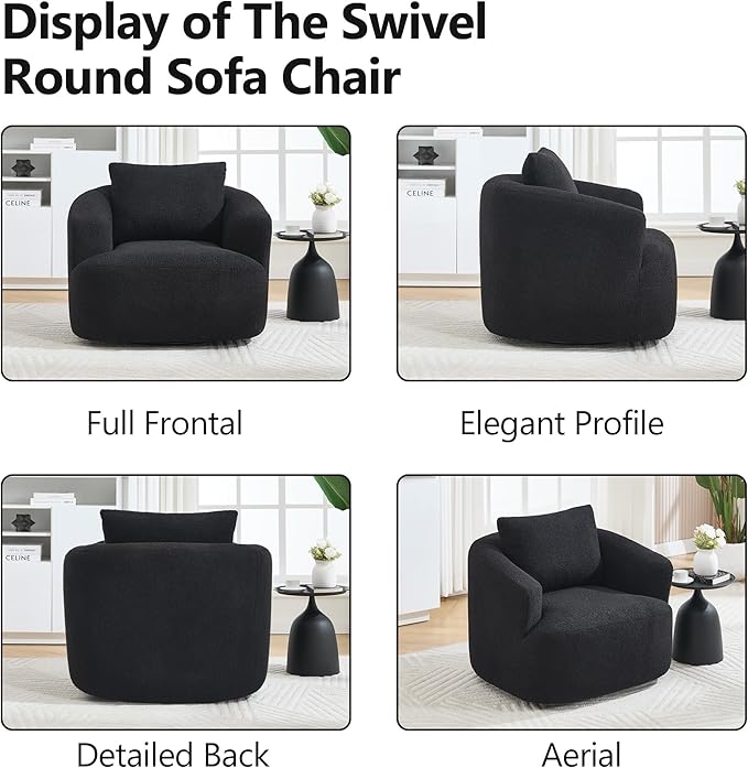 Swivel Accent Chair,360° Rotating Barrel Chair,Teddy Fleece High-Resilience Sponge Single Sofa, Easy Assembly for Living Room, Bedroom, Apartment Black