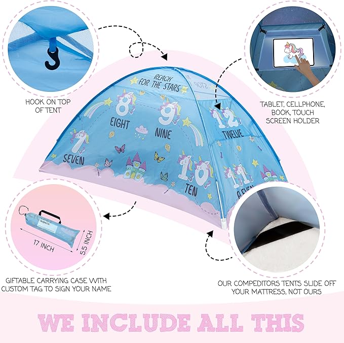 Pink Unicorn Twin Bed Tent for Kids Indoor Fort - Magical Dream Tents for Boys Pop Up Toddler Bed Canopy for Girls Bunk Bed Tent for Top Bunk - Sensory Sleep Pod for Kids Educational
