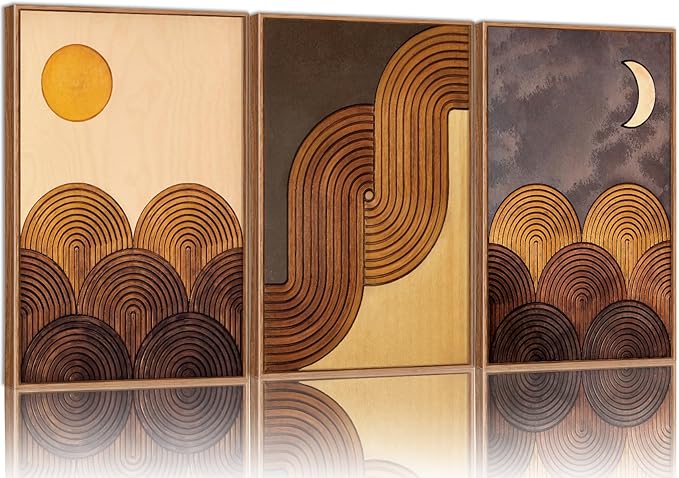 Tinonedraw Mid Century Modern Framed Canvas Wall Art Set, Boho Minimalist Geometric Wall Decor, Bohemian Sun and Moon Art Paintings, Beige Brown Wooden Artwork for Living Room Bedroom Office 24"x36"x3
