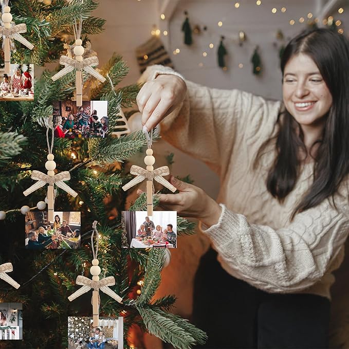 24 Pcs Christmas Hanging Photo Display Clips Boho Wooden Bead Photo Clips for Christmas Tree Decor Hanging Card Picture Display Holder for Xmas Holiday Wedding Party Decoration